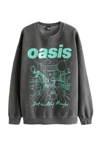 Tumehall sweatshirt, millel on hele roheline graafika toa stseenist, kus on inimesi ja taimi, tähistatud "oasis" ja "Definitely Maybe".