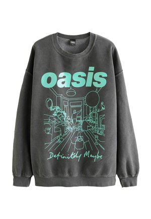 Temno sivo sweatshirt z grafiko svetlo zelene sobe, kjer so ljudje in rastline, označeno z "oaza" in "Definitivno Morda".