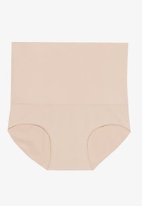 Beige high-waisted brief made from soft, stretchy fabric. Features smooth edges and a seamless design with no visible seams or patterns.