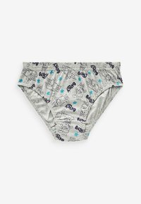 Grau Baumwollunterwäsche mit Cartoonfiguren und Sternen in schwarzem und hellblauem Druck. Standard Slip-Design mit elastischem Taillenbund.