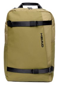 Dark olive green backpack made of nylon, featuring black straps, a zippered top, and the brand name "HEAD" in black on the side.