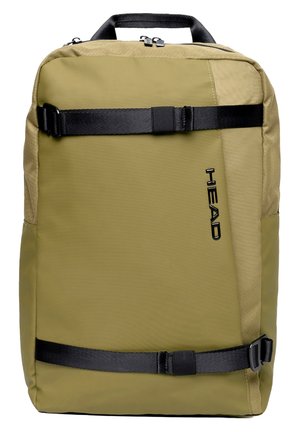 Dark olive green backpack made of nylon, featuring black straps, a zippered top, and the brand name "HEAD" in black on the side.