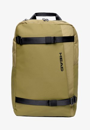 Dunkelolivgrüner Rucksack aus Nylon, mit schwarzen Trageriemen, einem Reißverschluss oben und der Markenbezeichnung "HEAD" in Schwarz an der Seite.