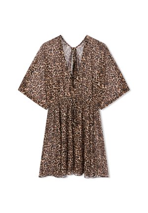 Sukienka w print w panterkę z krótkimi rękawami, marszczoną talią i dekoltem w kształcie litery V; lekka, teksturowana tkanina w brązowych i czarnych odcieniach.