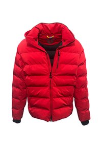 Rote Puffjacke mit einem Reißverschluss vorne, hohem Kragen und schwarzen Akzenten. Verfügt über gesteppten Bereiche zur Isolierung und eine kleine Brusttasche.