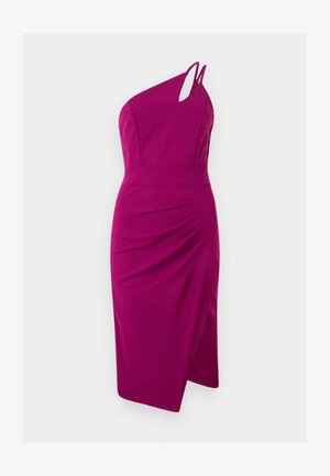 Fuchsia one-shoulder dress with a cutout detail, fitted bodice, gathered side, and knee-length skirt, made from smooth fabric.