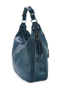 Blauwe leren hobo tas met een gestructureerd oppervlak, voorzien van een enkele schouderband, zilveren hardware en een ritsafsluiting.