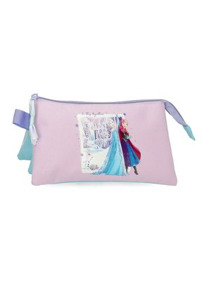 Estuche para lápices púrpura y azul verdoso con cremallera, con dos princesas animadas con vestidos azul y rojo y un fondo de bosque nevado.
