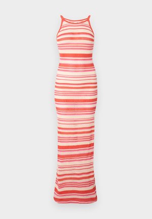 Knitted sleeveless dress featuring horizontal stripes in orange, pink, and cream. Fitted silhouette with a long hem and ribbed texture.