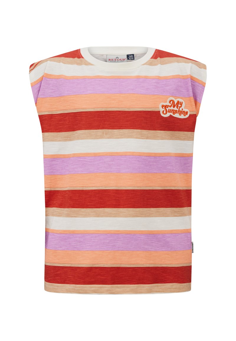 Korte mouwen T-shirt met horizontale strepen in rood, oranje, lavendel en wit. Inclusief een geborduurde 'My Sunshine' details.