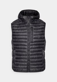 Črna puhovka brez rokavov s kapuco, z zadrgo spredaj, vodoravno prešito teksturo, enim žepom na prsih z zadrgo in stranskimi žepi.