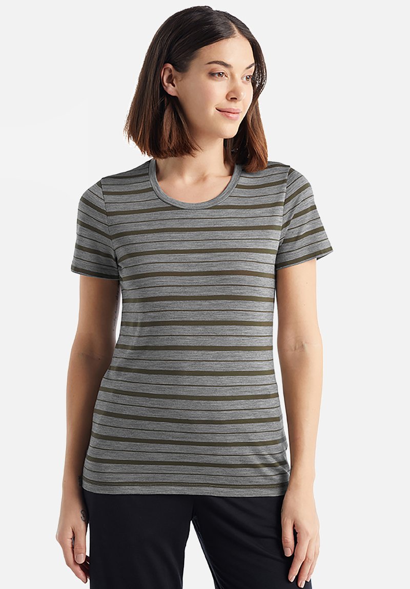 Gray striped t-shirt with short sleeves and a round neckline. The stripes alternate between gray and olive green. Soft fabric texture.