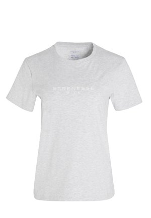 Hellgraues Baumwoll-T-Shirt mit kurzen Ärmeln, rundem Ausschnitt und dem Schriftzug „STRENESSE BLUE“ in Weiß auf der Vorderseite. Glatte Textur.