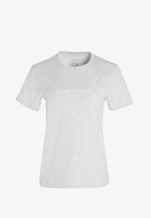 Hellgraues Baumwoll-T-Shirt mit kurzen Ärmeln, rundem Ausschnitt und dem Schriftzug „STRENESSE BLUE“ in Weiß auf der Vorderseite. Glatte Textur.