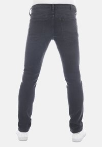 Šedé džíny z denimu se střihem rovného střihu, s pasovým pásem, pěti kapsami a kontrastním prošitím na zadních kapsách.