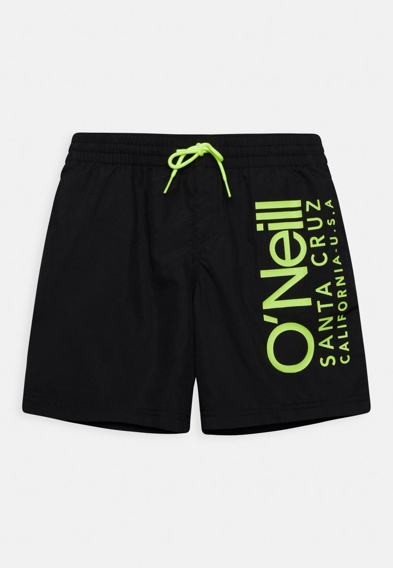 Pantaloni da bagno neri con chiusura regolabile e branding verde neon sul lato sinistro. Materiale leggero, design fino al ginocchio.
