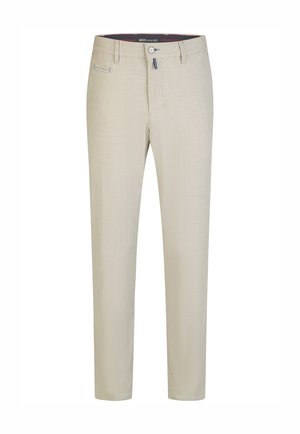 Beige Slim-Fit-Herrenhose mit Gürtelschlaufen, vorne Knopf- und Reißverschluss und einem kleinen Taschen-Detail oberhalb der rechten Vordertasche.