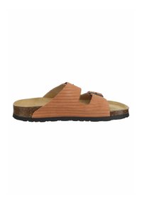 Brown leather slide sandal with two adjustable straps, textured ribbed design, cork footbed, and black rubber outsole.