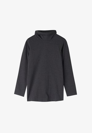 Haut à manches longues gris foncé avec un col drapé, fabriqué en tissu doux. Présente une coupe ample et un ourlet droit. Sans motifs ni détails matériels.