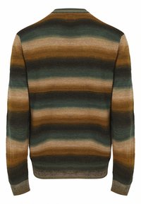 Gestreepte trui in aardetinten van groen, bruin en beige. Ribbelstructuur met een ronde halslijn en lange mouwen.
