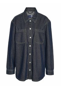 Temno modra jeans srajca s ovratnikom, dolgimi rokavi, dvema prsnikoma z žepi in zapiranjem na gumbe. Poudarjeno z kontrastnim šivanjem in sproščenim krojem.