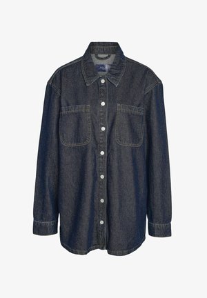 Dark denim shirt with a collared neckline, long sleeves, two chest pockets, and button closure. Features contrasting stitching and a relaxed fit.