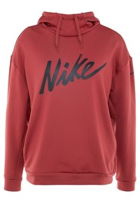 Sweat à capuche rouge en tissu lisse et léger. Il présente un grand logo Nike noir centré sur la poitrine et des poignets côtelés.