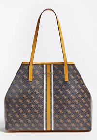 Brązowa torba na ramię z geometrycznym wzorem i żółtymi akcentami. Posiada długie żółte uchwyty oraz dwie pionowe białe paski. Logo z przodu.