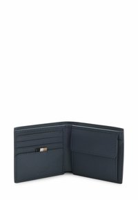 Granatowy skórzany portfel z wieloma przegródkami na karty, jedną otwartą kieszenią i teksturowanym wykończeniem. Charakteryzuje się starannym szyciem i dyskretnym brandingiem.