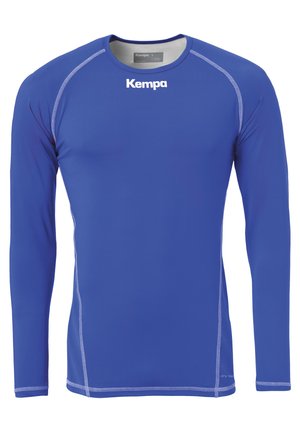 Langarm sportshirt in het blauw, gemaakt van vochtregulerend materiaal. Voorzien van contrasterende witte stiksels en een ronde halslijn met een logo.