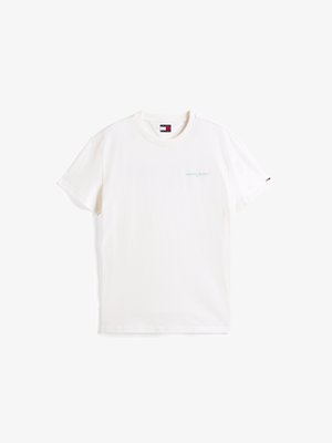 Fehér pamut póló rövid ujjakkal, bal mellrészen világoskék "tommy jeans" logóval, és egy kis csíkos címkével a hüvelyen.