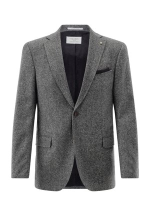Gray wool men's blazer with notch lapels, two-button closure, flap pockets, and a black pocket square on the chest pocket.