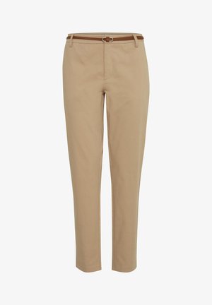 Chaki kelnės su tiesia kirpimu, turinčios rudą diržą su sidabro sagtimi. Pagamintos iš lygaus, lengvo audinio.