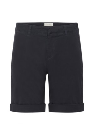 Pantaloni corti neri in cotone con orlo arrotolato, dotati di una tasca frontale, passanti per cintura e una texture liscia. Design semplice, senza pattern o accenti visibili.