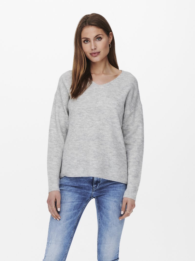 ONLY - CAMILLA V-NECK L/S NOOS - Striktrøje - light grey melange, Forstør