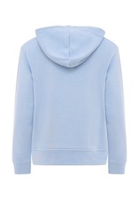 Sweat à capuche bleu clair, avec des poignets et un ourlet côtelés, fabriqué en matériau doux et texturé, avec un design épuré et simple.