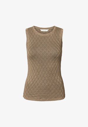 Tan ærmeløs top med et struktureret diamantmønster. Har en rund halsudskæring og en tætsiddende silhuet. Letvægtsstrikmateriale.