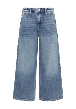 Helle blaue weit geschnittene Jeans aus Denim mit hoher Taille, metallischem Knopfverschluss und ohne sichtbare Taschen. Saubere, glatte Textur.