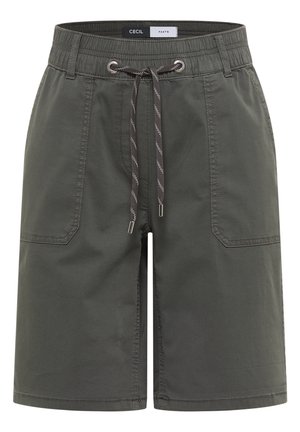 Mørkegrønne casual shorts med snøre i taljen, forlommer og bæltestropper.