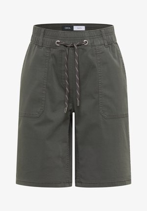 Shorts décontractés vert foncé avec taille à cordon, poches plaquées à l'avant et passants de ceinture.