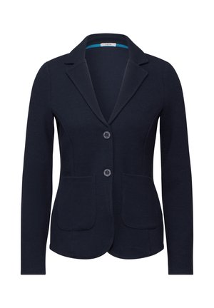 Námořnický blejzr s texturovanou látkou, s klopovým límcem, dvěma předními kapsami a dvěma knoflíky. Ušitý střih pro strukturovaný vzhled.