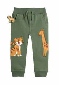 Grønne bomulds-svedbukser med broderede tigre- og giraf-motiver, elastisk talje og afsluttede ankler.