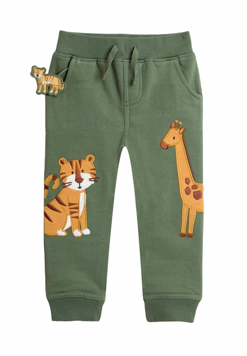 Grønne bomulds-svedbukser med broderede tigre- og giraf-motiver, elastisk talje og afsluttede ankler.