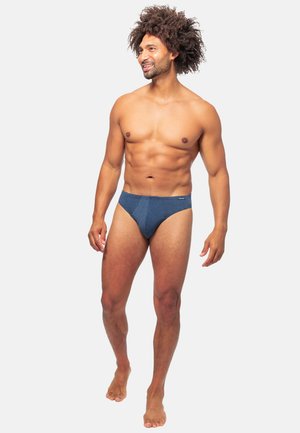 Marinefarbene Schwimmbrieft mit weichem Stoff, ausgestattet mit einem enganliegenden Design, strukturiertem Muster, elastischem Bund und minimalem Schnitt.