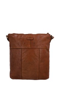 Hnedá kožená crossbody taška so zipsom, s hladkou textúrou, obdĺžnikovým tvarom a predným panelom s horizontálnym švom.