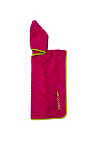 Accappatoio rosa con cappuccio, motivo zigzag, bordi verdi e logo Speedo. Tessuto morbido, forma rettangolare, progettato per asciugarsi rapidamente.