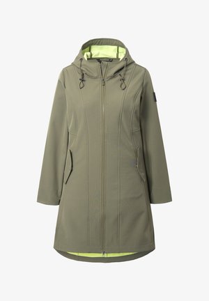 Olivengrøn softshell-jakke med hætte, frontlynlås, to sidelommer og en kontrasterende limegrøn foring. Har en skræddersyet pasform.