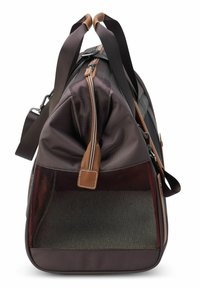 Borsa duffel marrone con un tessuto testurizzato, accenti in pelle e una sezione in rete alla base. Dotata di doppi manici e chiusura a zip.
