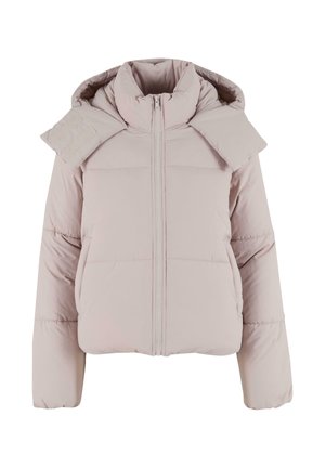 Giacca piumino rosa chiaro con colletto alto, chiusura con zip e dettagli sulle spalle. Texture liscia, maniche lunghe e design squadrato.