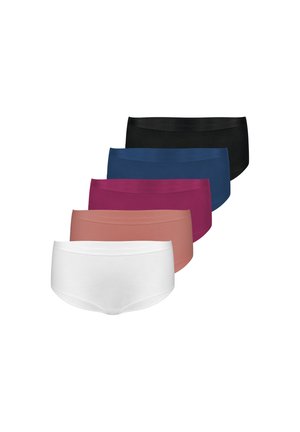 Five women's brief-style underwear in black, navy blue, dark pink, light brown, and white, arranged in a staggered stack.